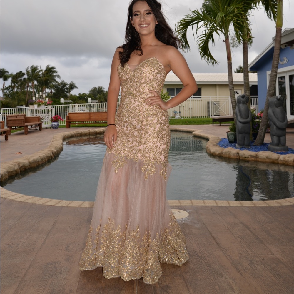 Champagne prom dress with gold detailing